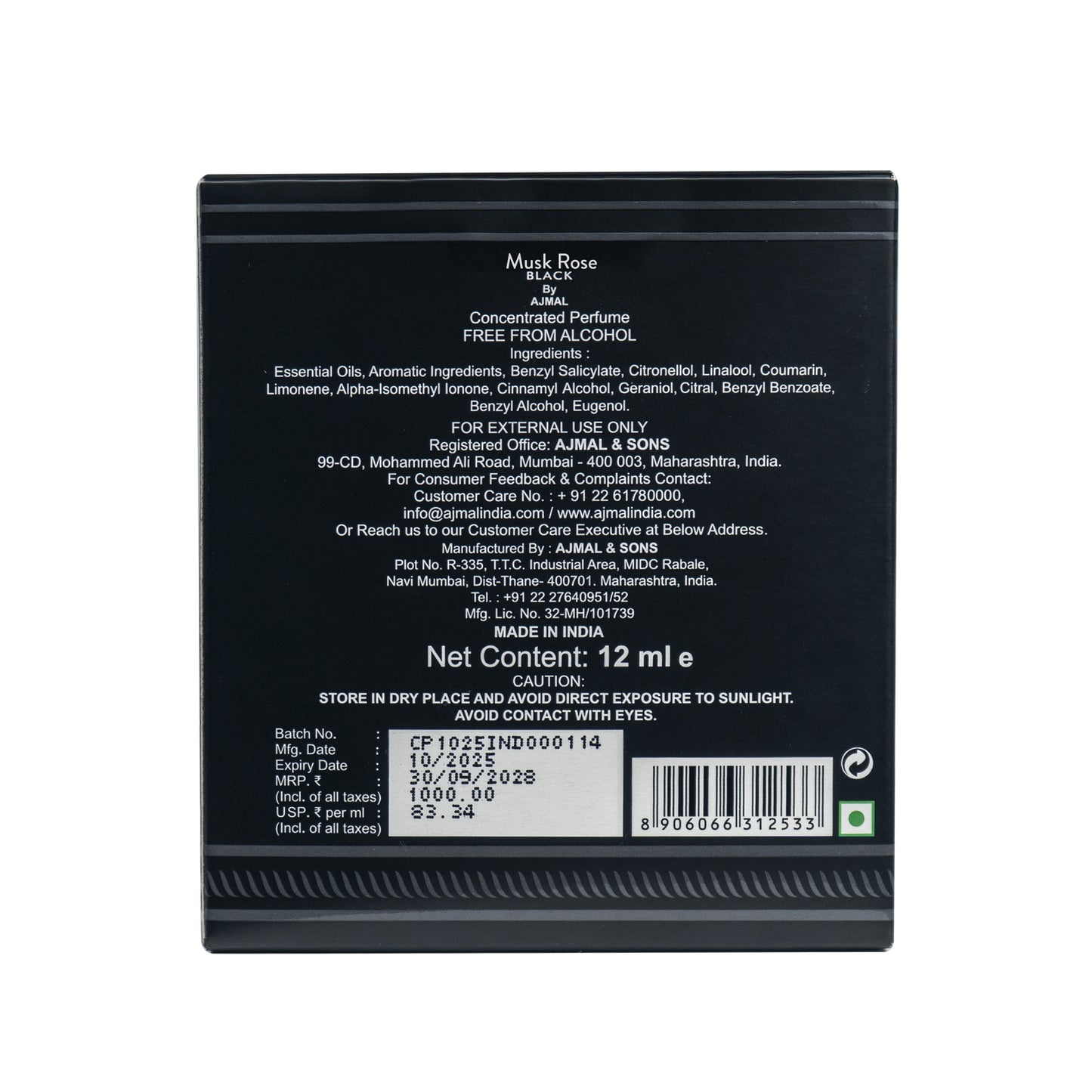 Musk Rose Black Concentrated Perfume 12 ML for Unisex