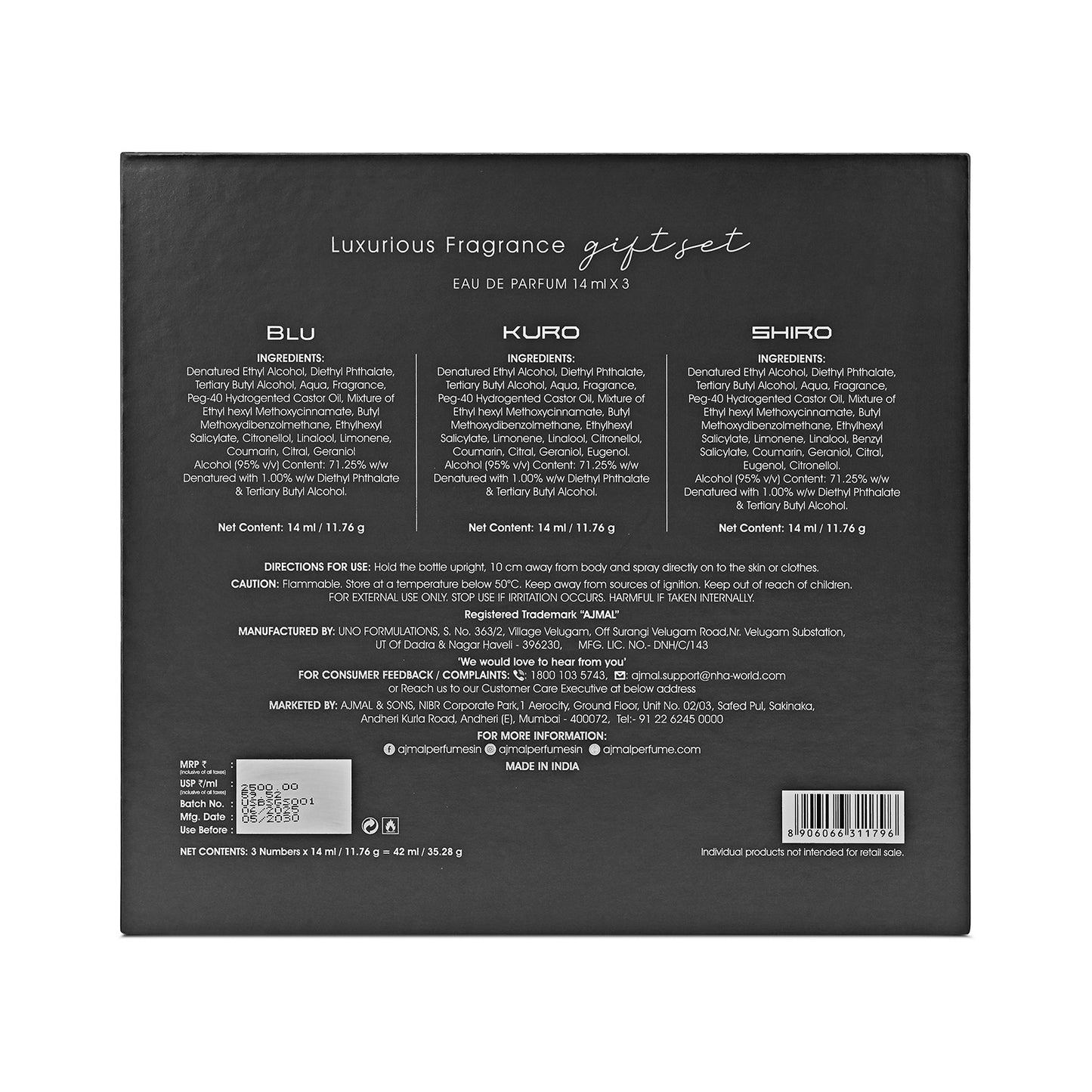 BLU, KURO, SHIRO Perfume Gift Set Pack of 3 for Men (14 ML each)