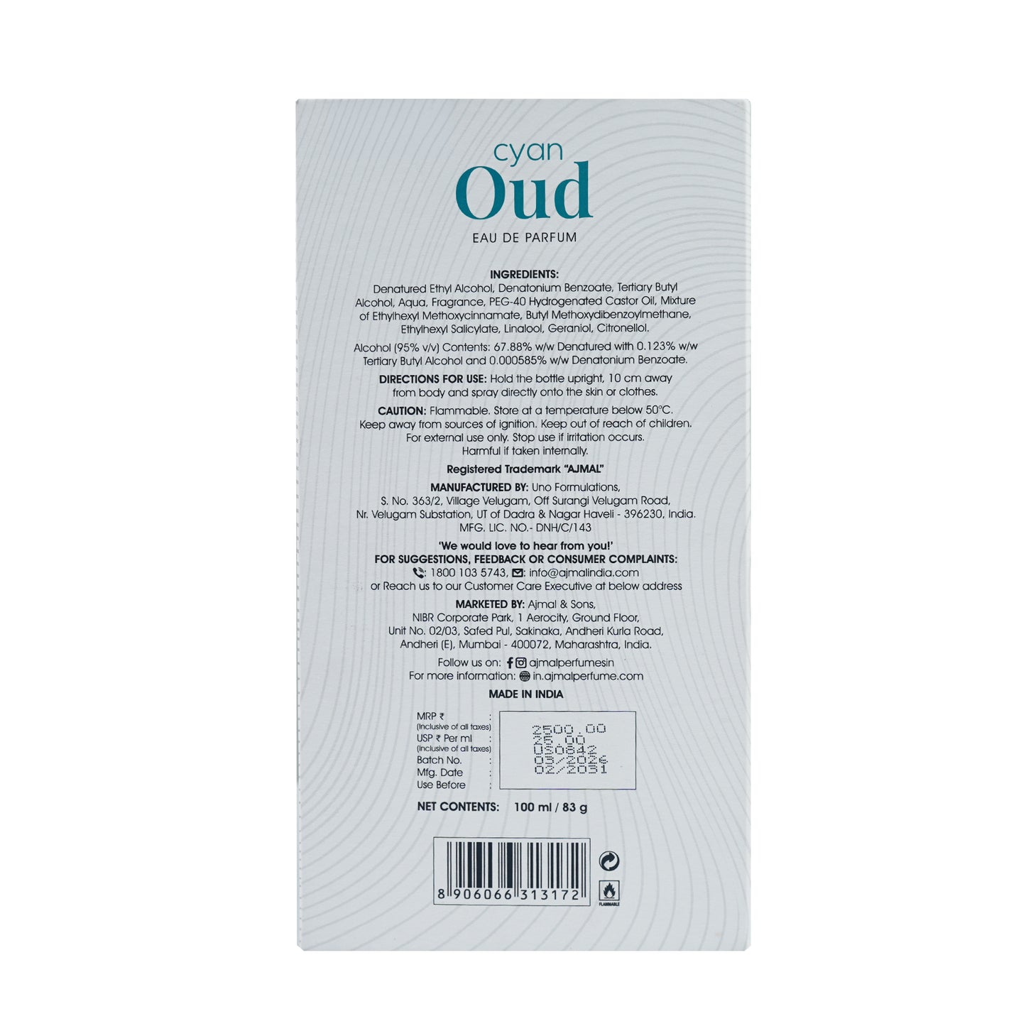 Cyan Oud Perfume 100 ML for Men and Women
