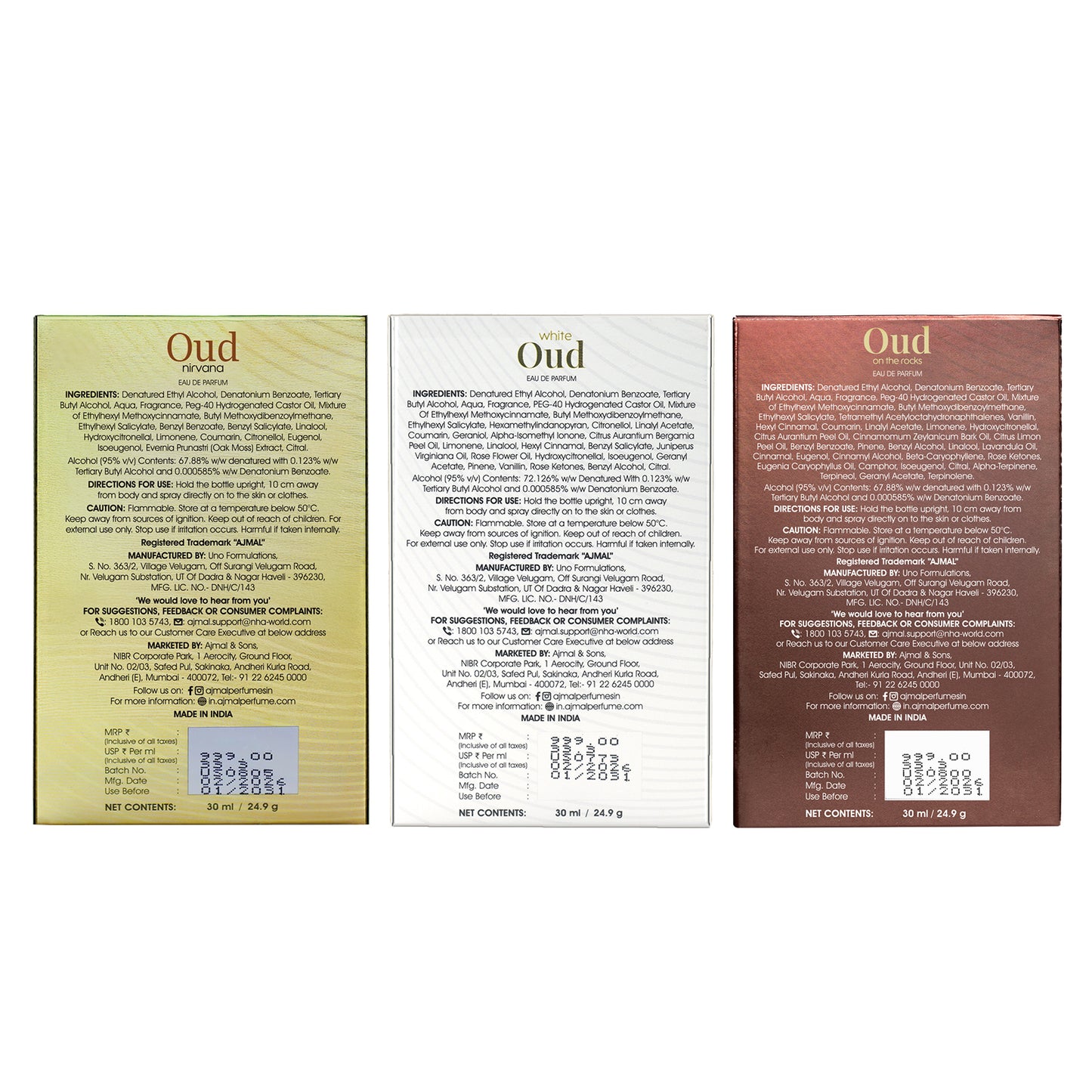 Oud Nirvana, Oud Rocks & White Oud Perfume 90 ML for Men and Women (30 ML Each)