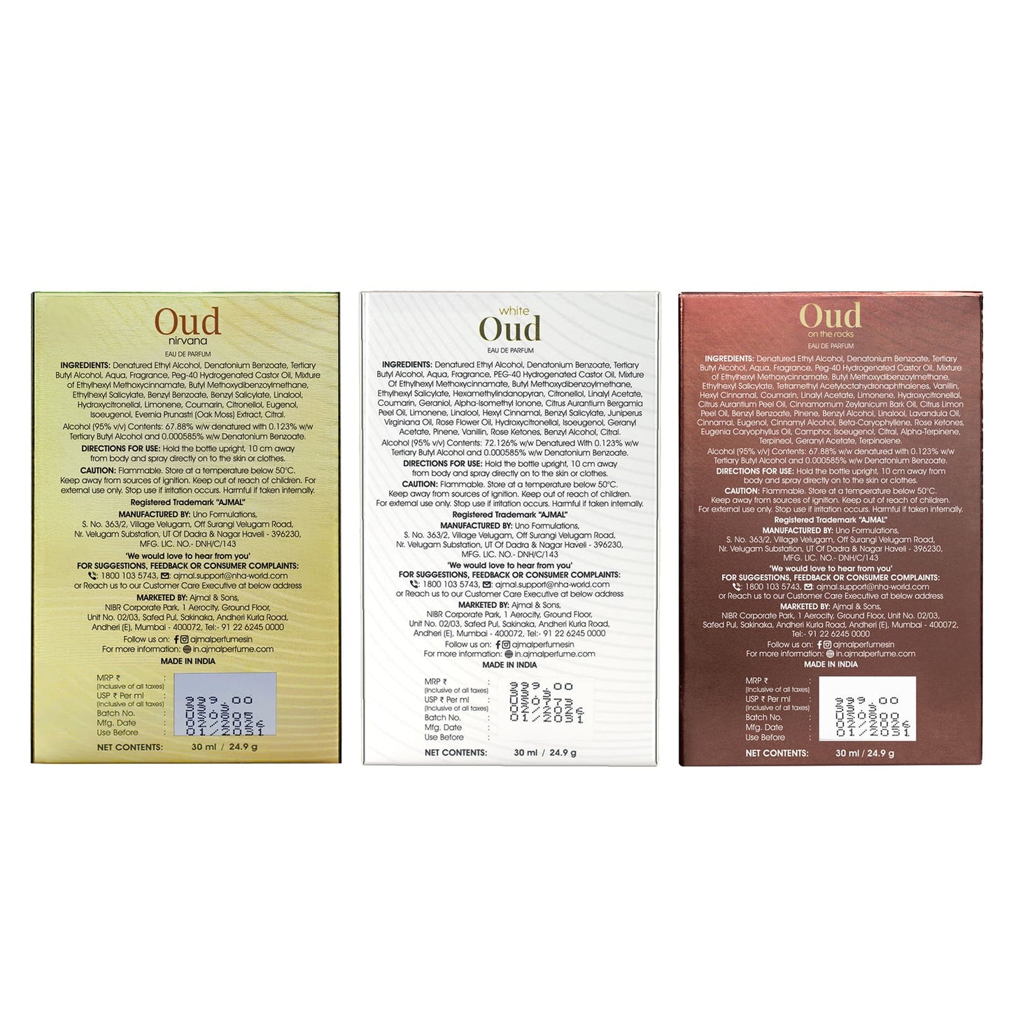 Oud Nirvana, Oud Rocks & White Oud Perfume 90 ML for Men and Women (30 ML Each)