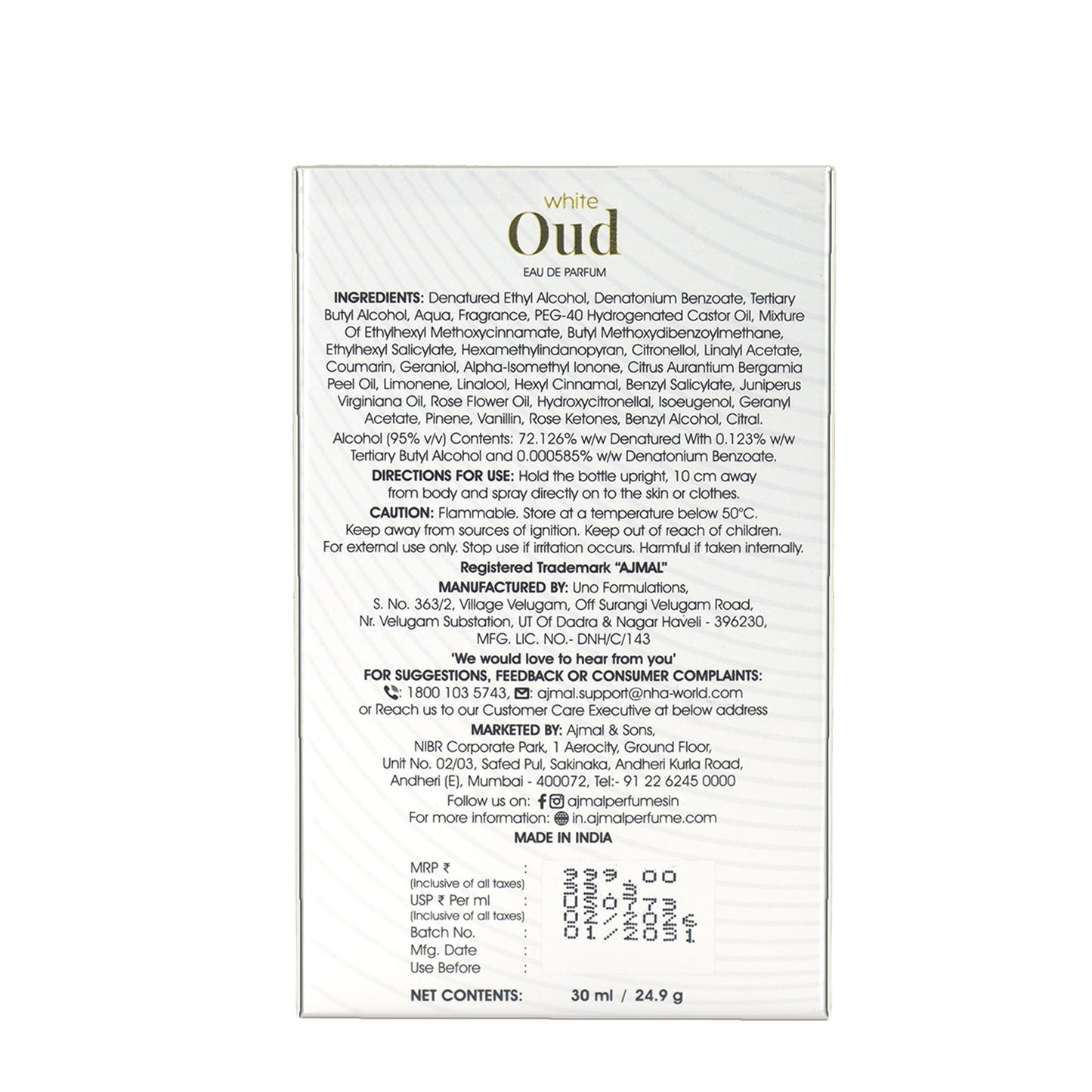 White Oud Perfume 30 ML for Men and Women