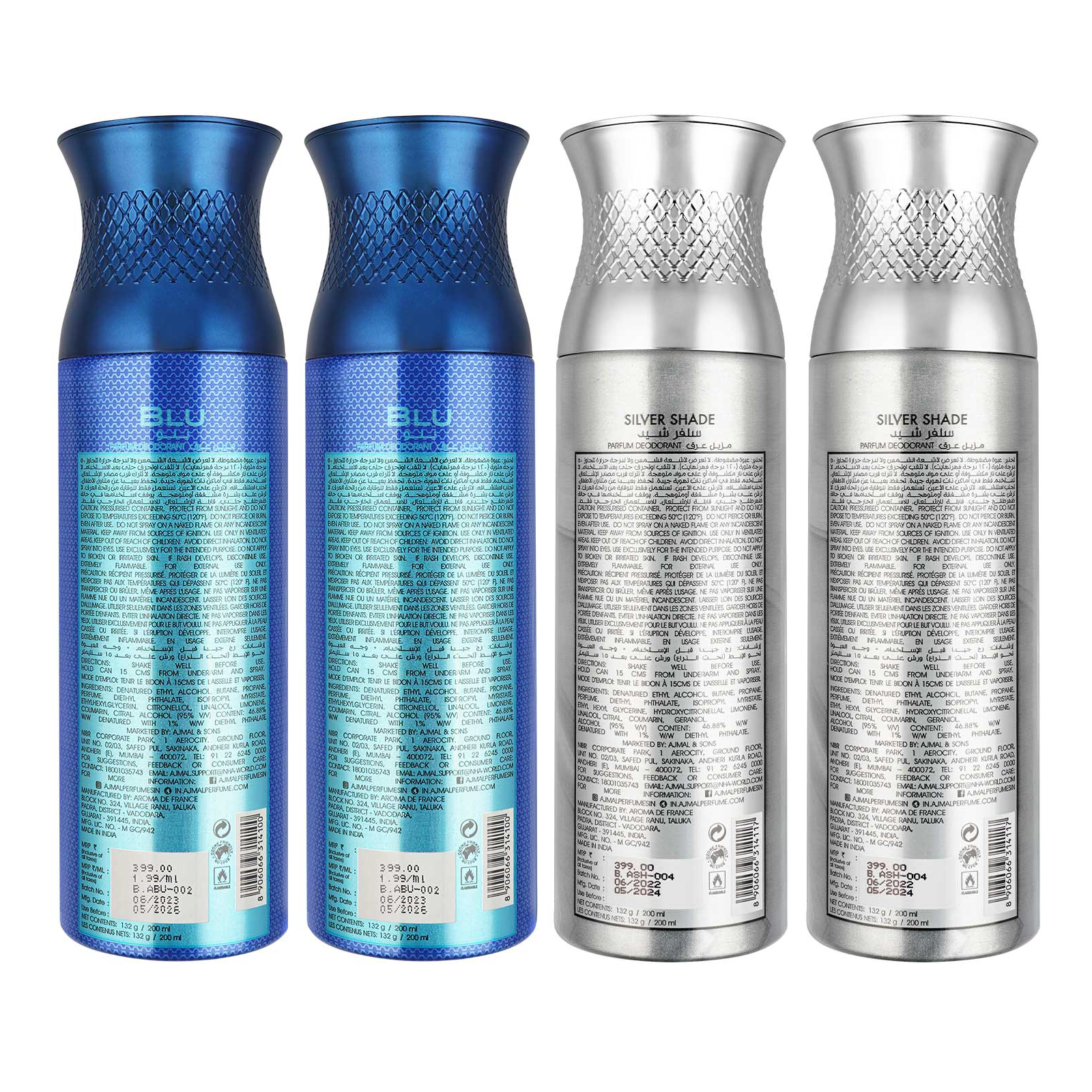 2 Blu & 2 Silver Shade Deodorant Spray- For Men (200 ml, Pack of 4)