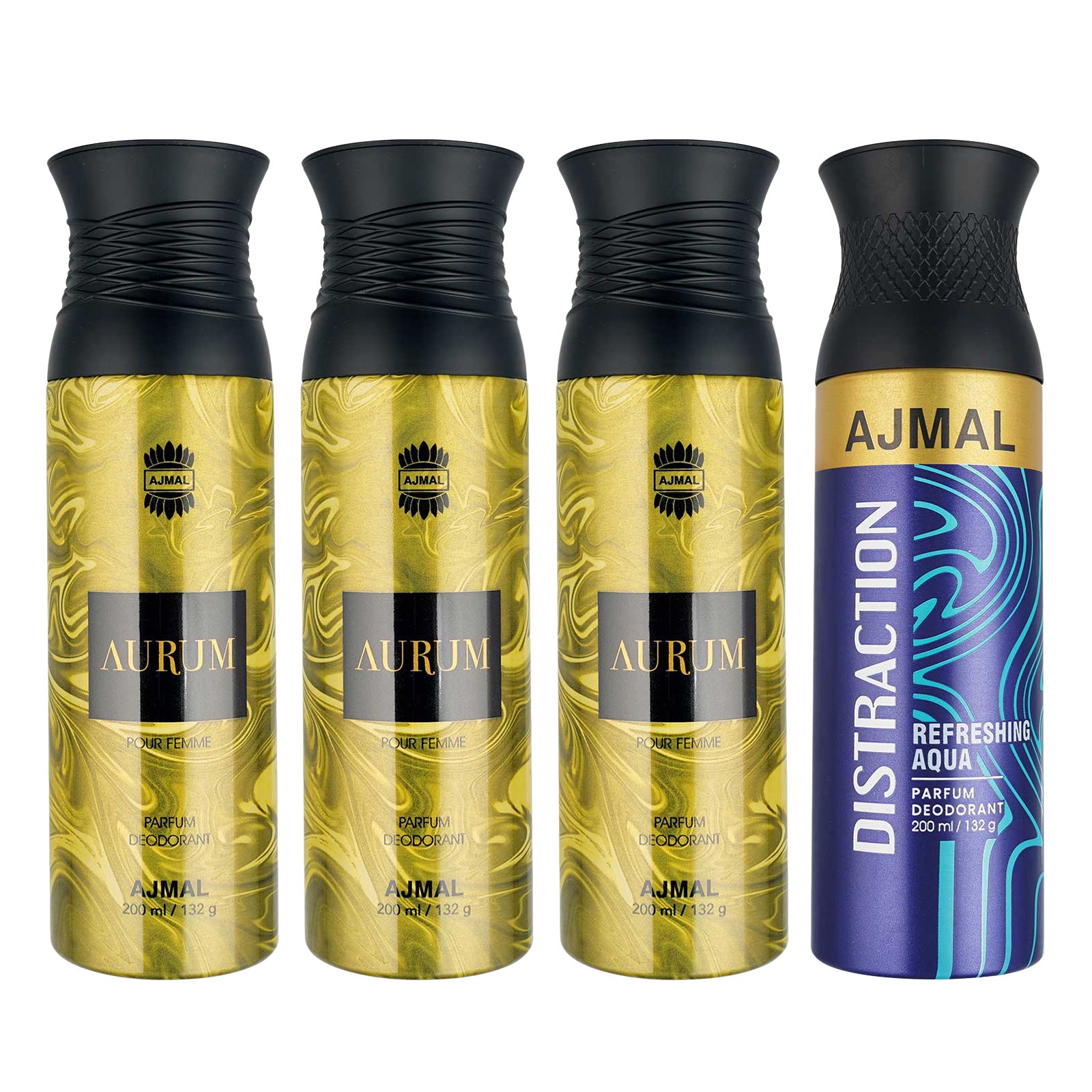 3 Aurum Femme for Women and 1 Distraction For Unisex Deodorants each 200ML Combo pack of 4