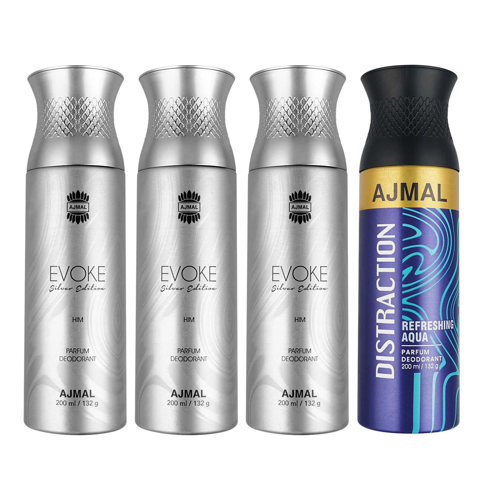 3 Evoke Silver Edition for Him for Men and 1 Distraction For Unisex Deodorants each 200ML Combo pack of 4