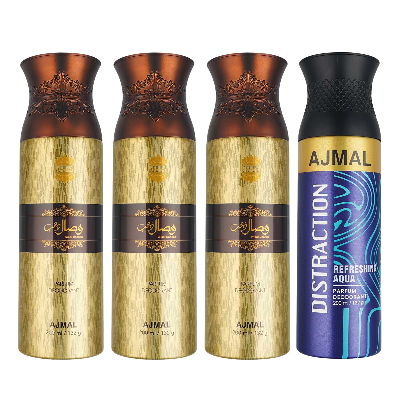 3 Wisal Dhahab for Men and 1 Distraction For Unisex Deodorants each 200ML Combo pack of 4