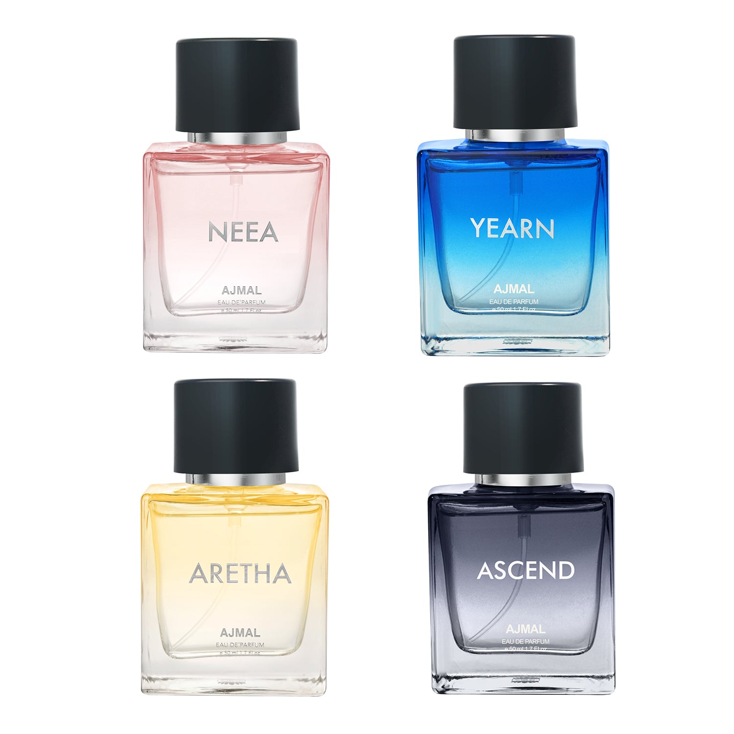 ASCEND EDP 50 ML for Unisex and NEEA EDP 50 ML for Women and ARETHA EDP 50 ML for Women and YEARN EDP 50 ML for Men Pack of 4