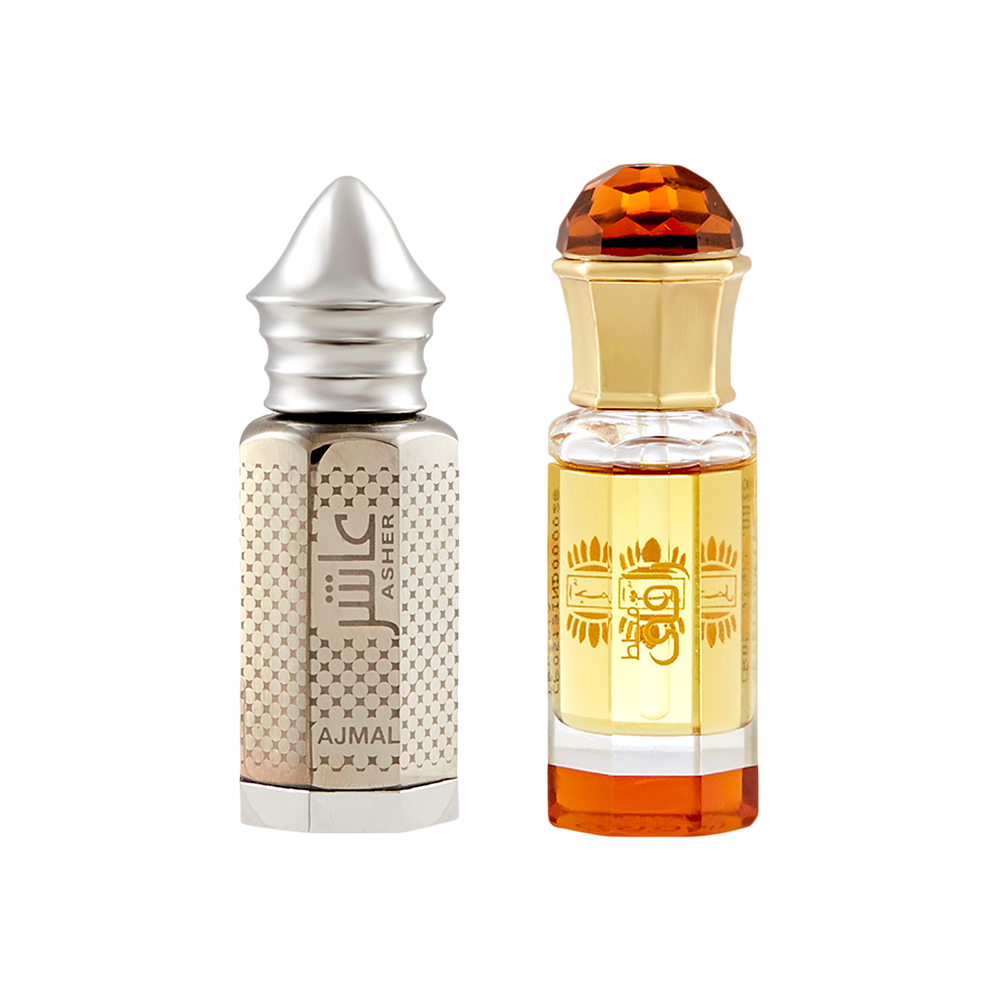 Asher Concentrated Perfume Oil Oriental Alcohol-free Attar 12ml for Unisex and Mukhallat Raaqi Concentrated Perfume Oil Floral Fruity Alcohol-free Attar 10ml for Unisex Pack of 2