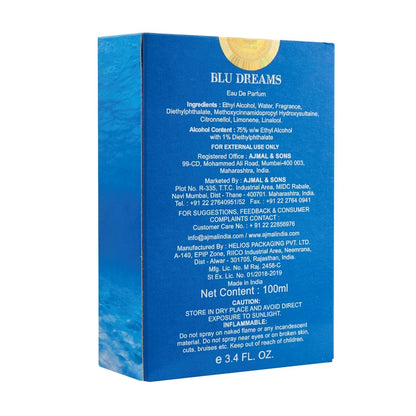 Ajmal Blu Dreams 100ml EDP men crisp aquatic woody perfume bottle