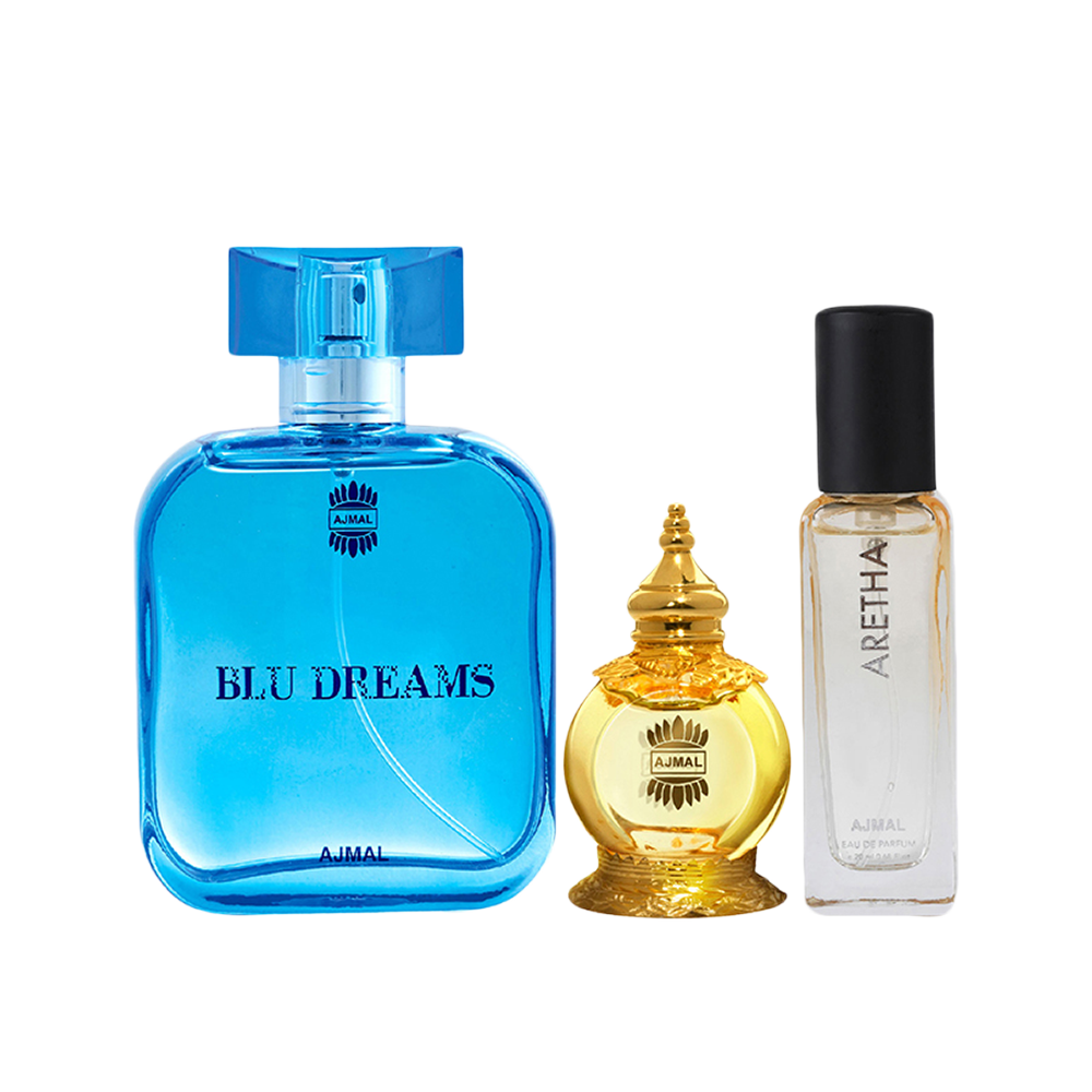 Blu Dreams EDP 100ml and Mukhallat AL Wafa CP 12ml & Aretha EDP 20ML Pack of 3 For Unisex