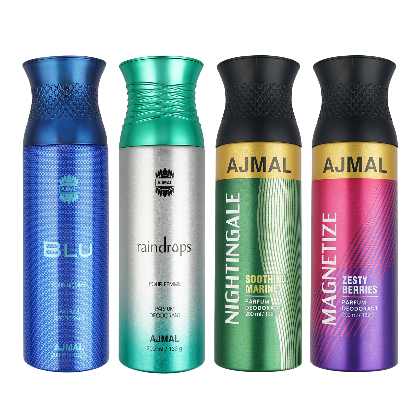 1 Blu Homme for Men, 1 Raindrops Femme for Women, 1 Nightingale and 1 Magnetize For Unisex Deodorants each 200ML Combo pack of 4