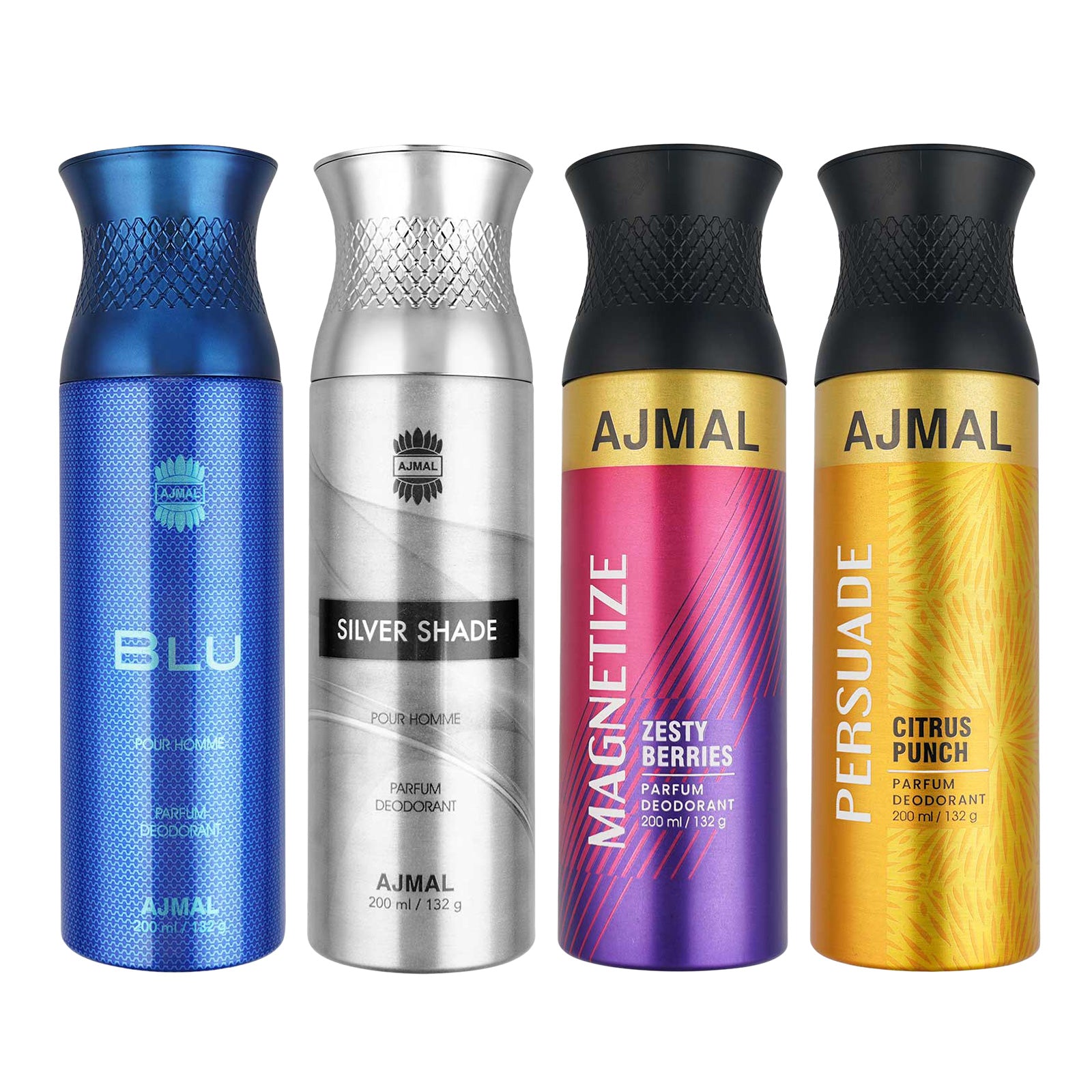 1 Blu Homme for Men, 1 Silver Shade Homme for Men, 1 Magnetize and 1 Persuade For Unisex Deodorants each 200ML Combo pack of 4