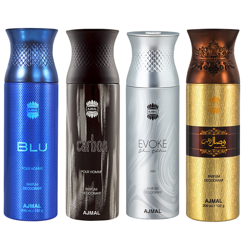 Blu & Wisal Dhahab & EvokeSilver Edition Homme & Carbon Deodorant Spray- For Men (200 ml, Pack of 4)