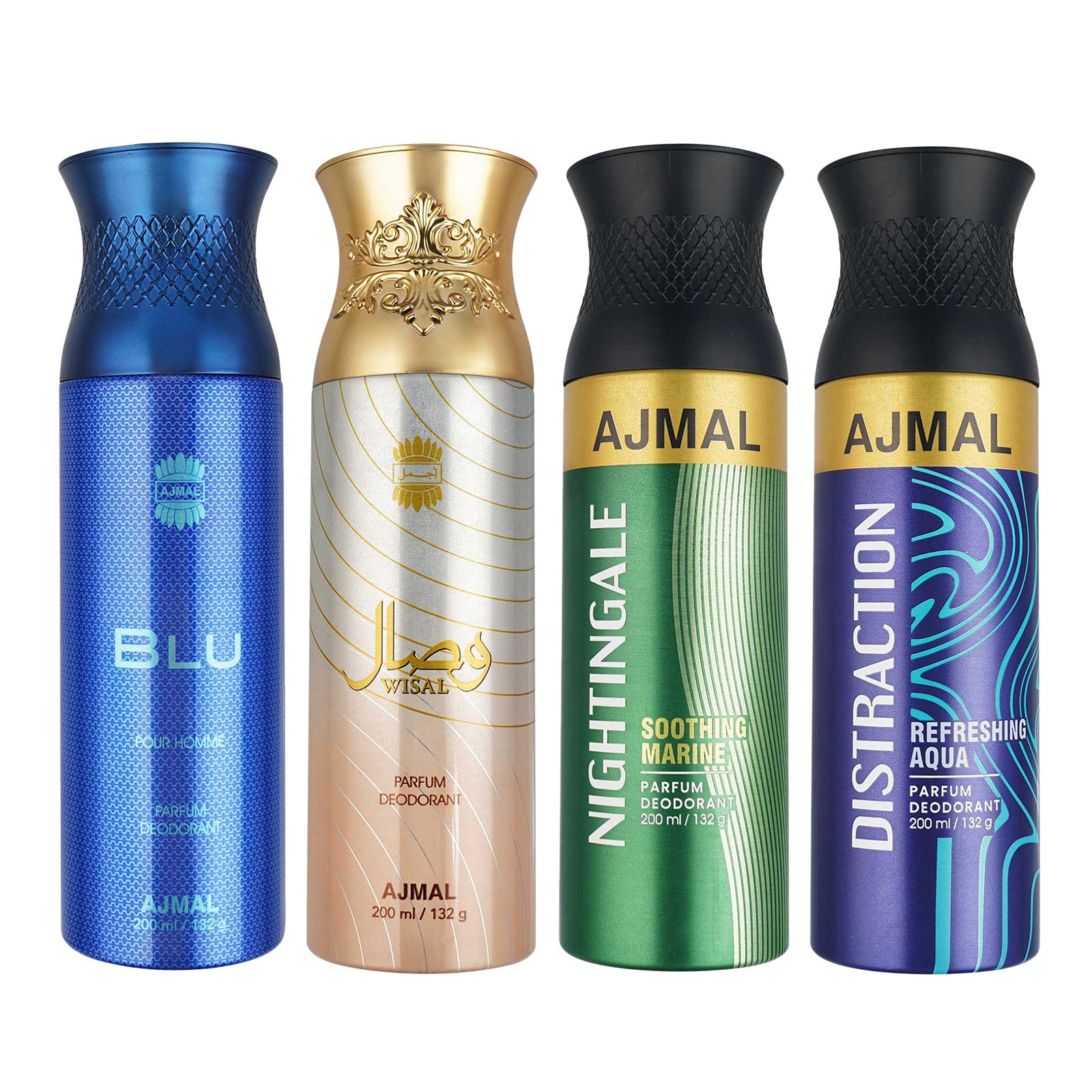 1 Blu Homme for Men, 1 Wisal for Women, 1 Nightingale and 1 Distraction For Unisex Deodorants each 200ML Combo pack of 4