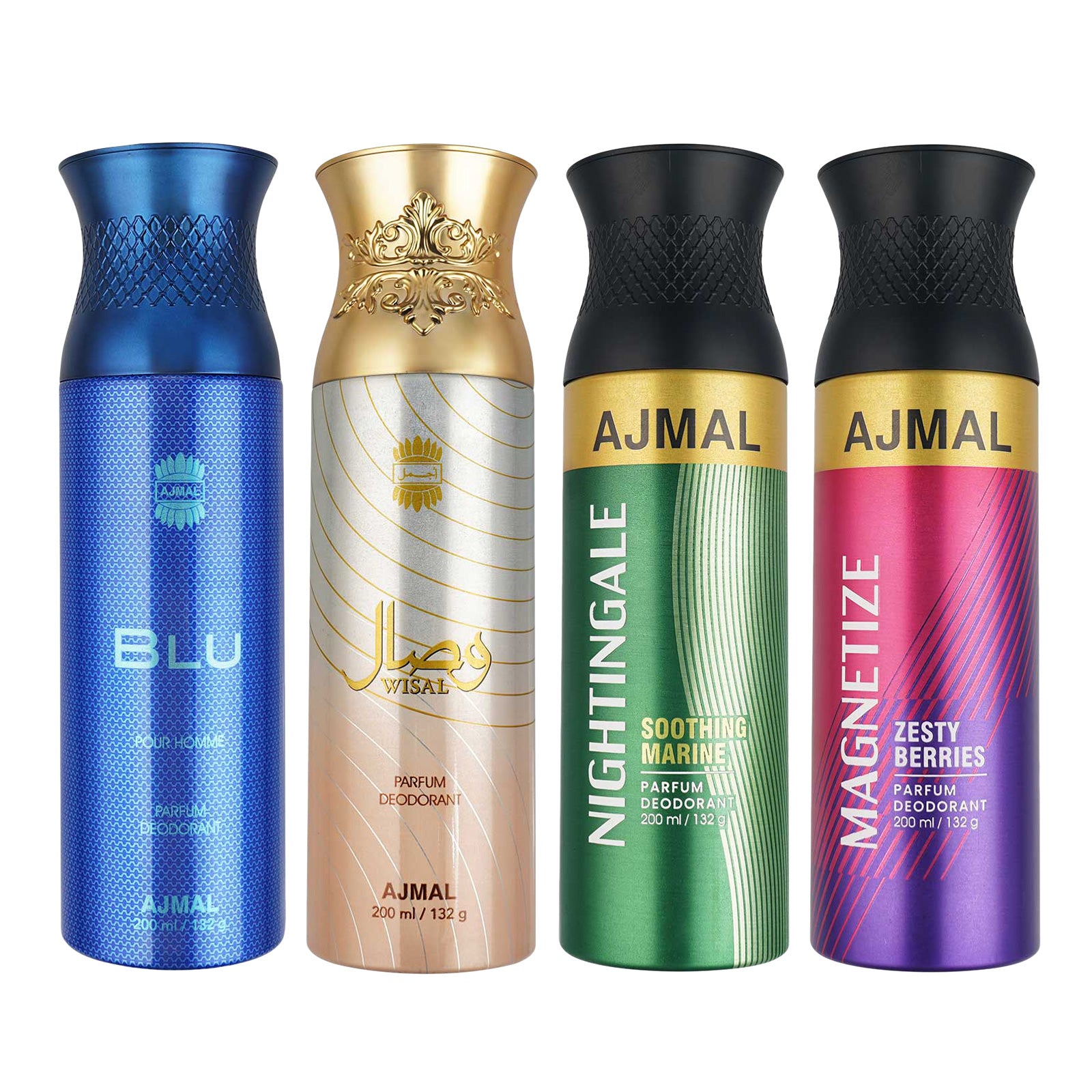 1 Blu Homme for Men, 1 Wisal for Women, 1 Nightingale and 1 Magnetize For Unisex Deodorants each 200ML Combo pack of 4