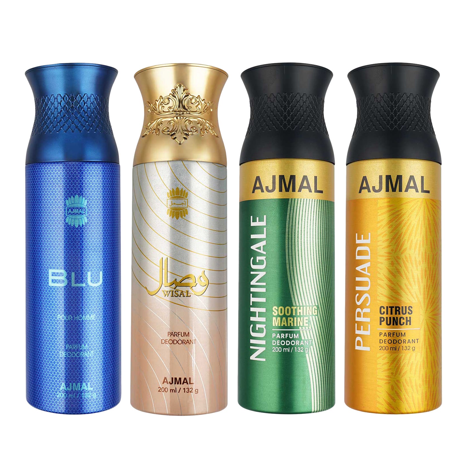 1 Blu Homme for Men, 1 Wisal for Women, 1 Nightingale and 1 Persuade For Unisex Deodorants each 200ML Combo pack of 4