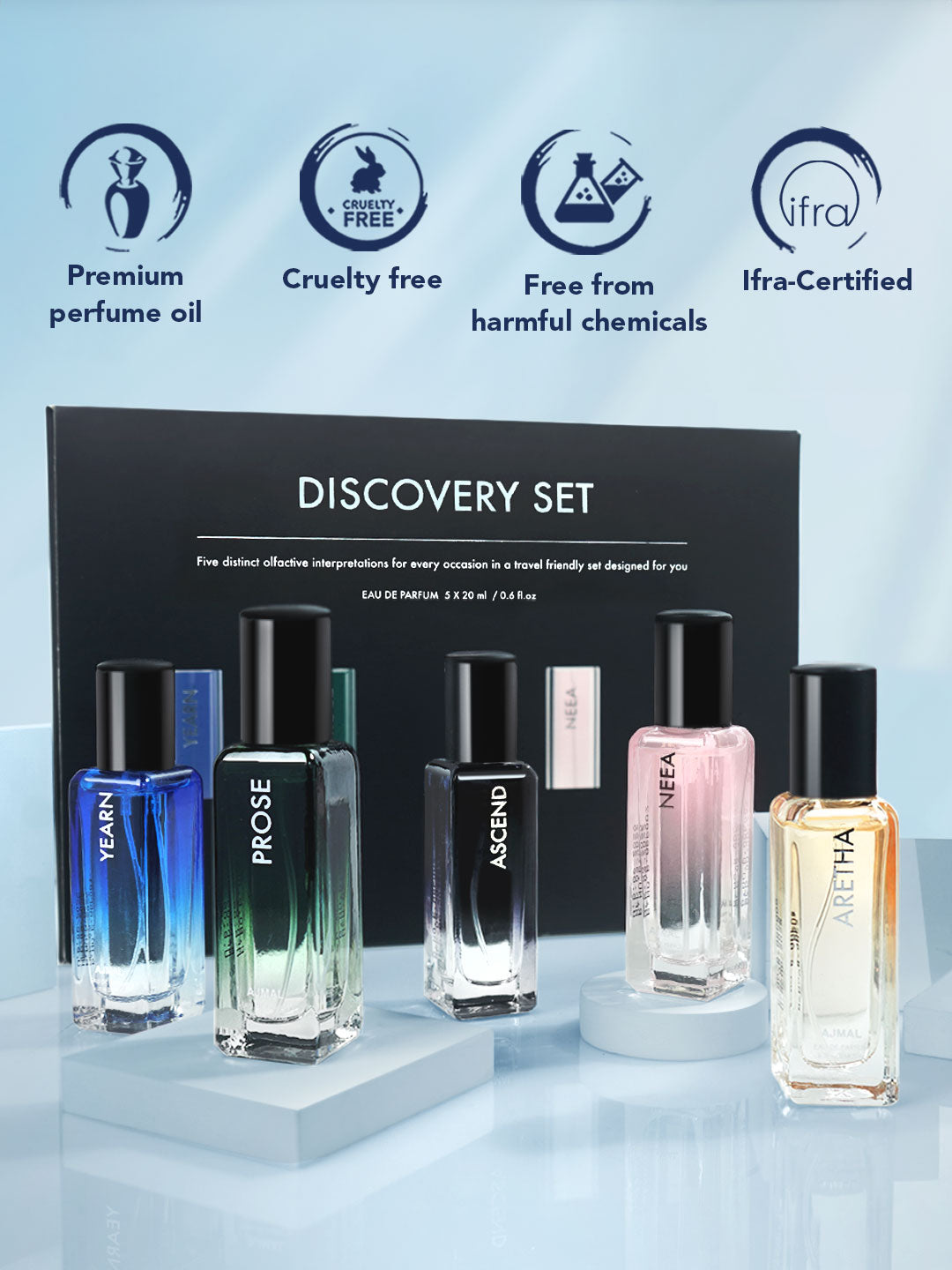 Discovery Set of 5 Eau De Perfume 20ml each of Yearn, Prose, Ascend, Neea and Aretha Gift For Unisex