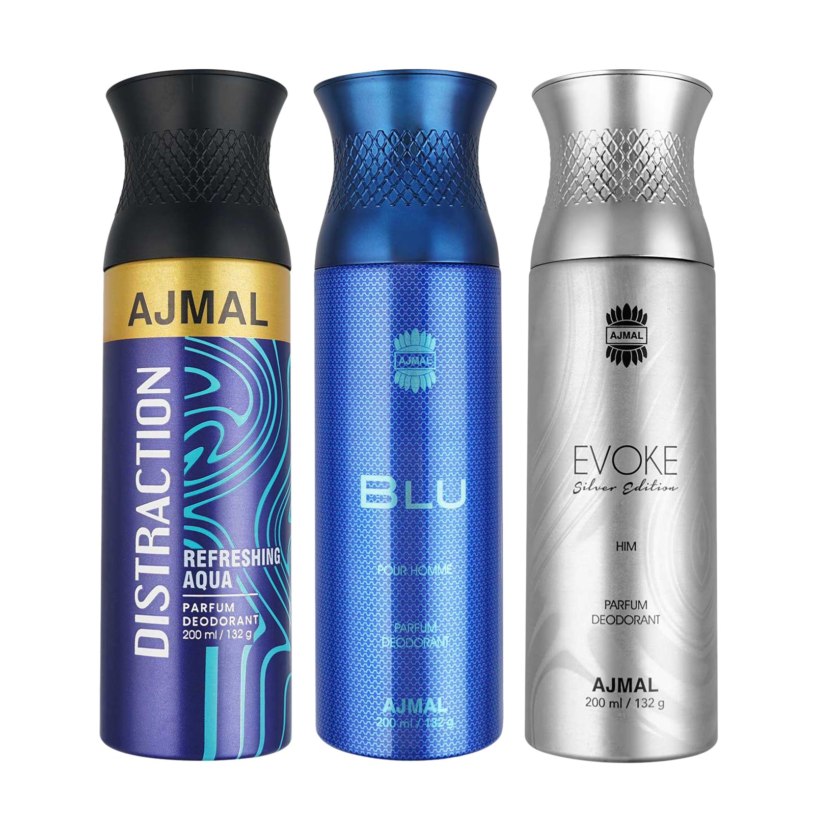 1 Distraction For Unisex, 1 Blu Homme for Men and 1 Evoke Silver Edition for Him for Men Deodorants each 200ML Combo pack of 3