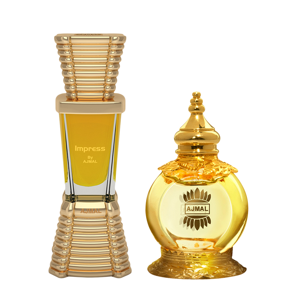 Impress Concentrated Perfume Oil Citrus Alcohol-free Attar 10ml for Men and Mukhallat AL Wafa Concentrated Perfume Oil Oriental Musky Alcohol-free Attar 12ml for Unisex Pack of 2