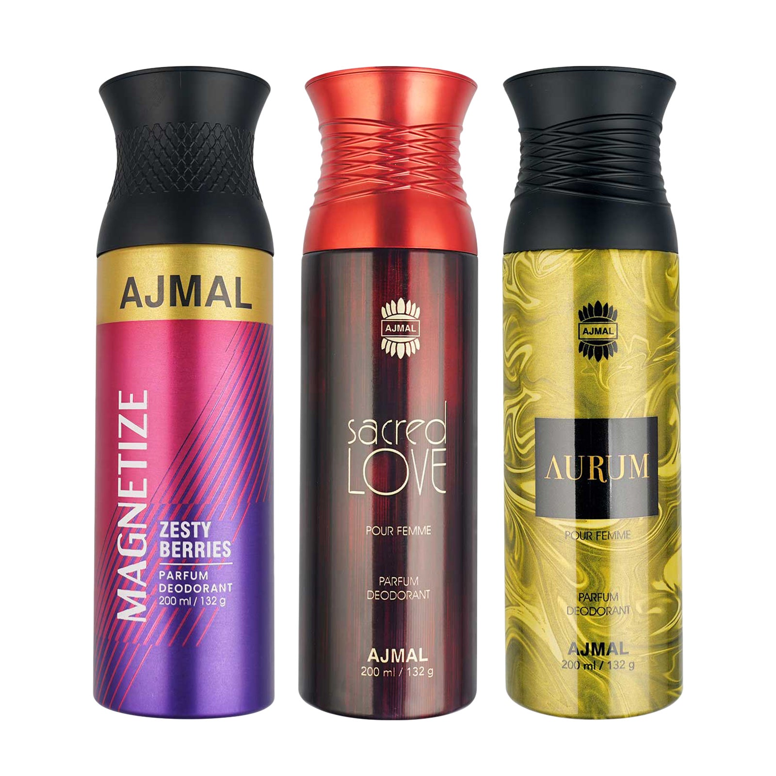 1 Magnetize For Unisex, 1 Sacred Love for Women and 1 Aurum Femme for Women Deodorants each 200ML Combo pack of 3