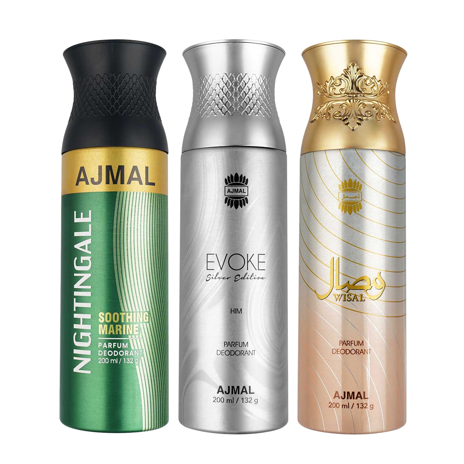 1 Nightingale For Unisex, 1 Evoke Silver Edition for Him for Men and 1 Wisal for Women Deodorants each 200ML Combo pack of 3