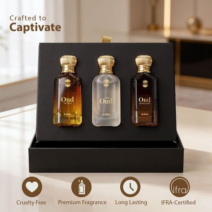 Three perfume bottles from A'NIA Oud Collection displayed inside a black gift box, with the text 'Crafted to Captivate' and four feature icons at the bottom.