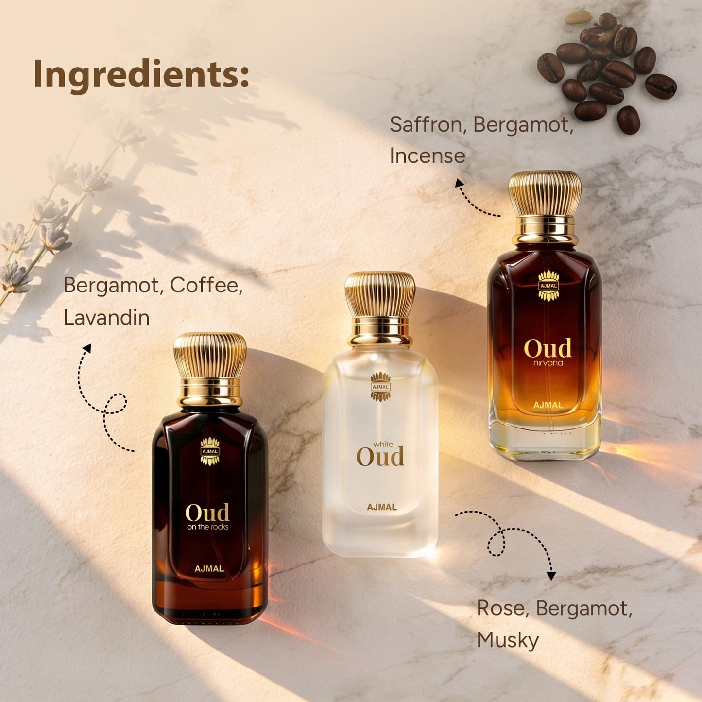 Three perfume bottles labeled Oud A. Jamal are arranged on a light marble surface with ingredient callouts and coffee beans.