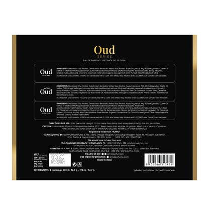 The back of a perfume gift pack for 'Oud Series' by Oud Complications, featuring a black background with gold borders, gold title text, and white informational text blocks, a barcode, and a small ingredient list.