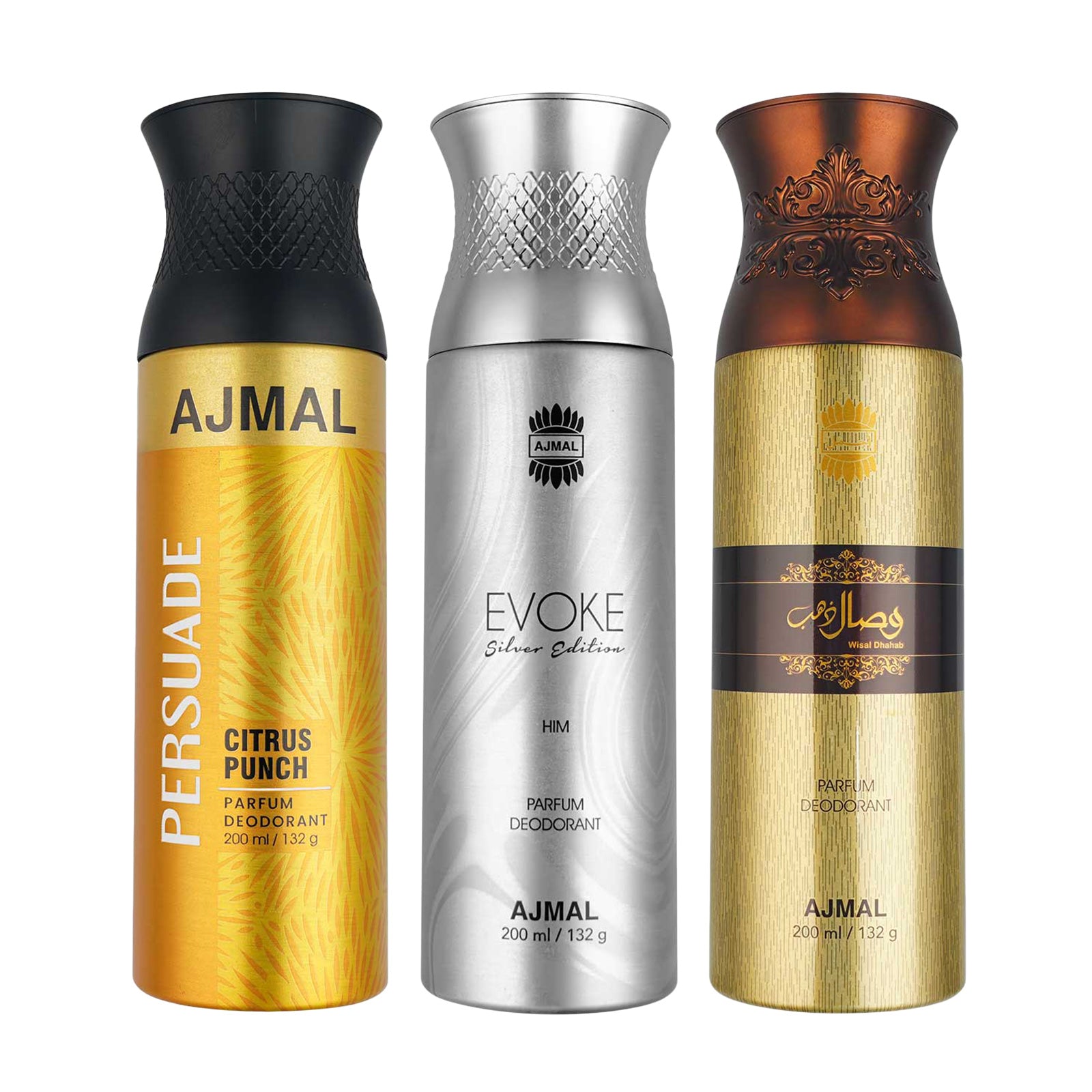 1 Persuade For Unisex, 1 Evoke Silver Edition for Him for Men and 1 Wisal Dhahab for Men Deodorants each 200ML Combo pack of 3