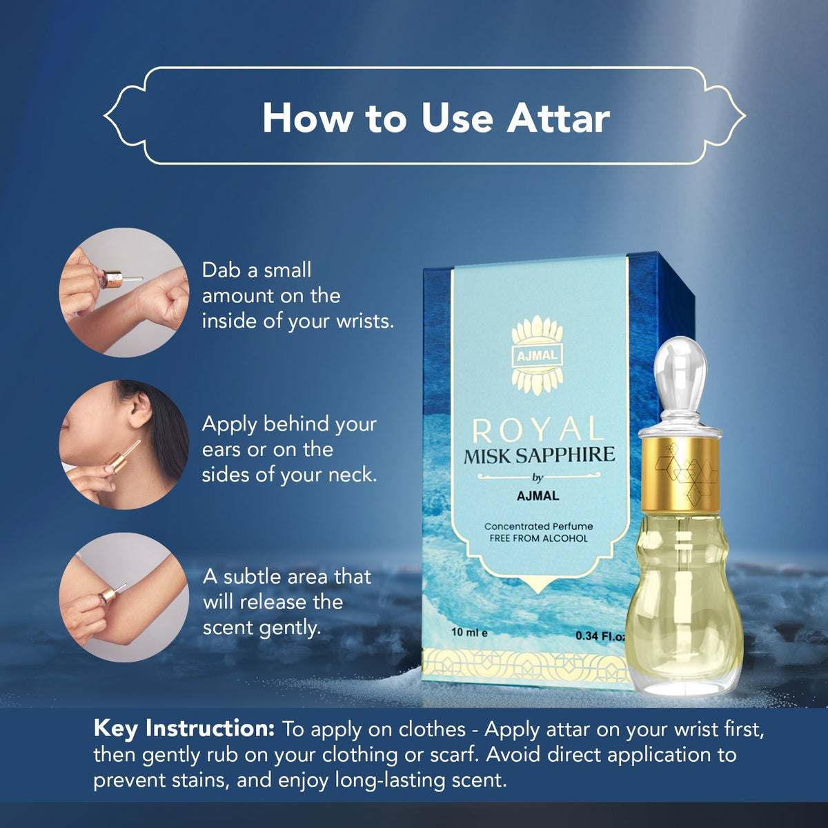 musk attar for women ​- ROYAL-MISK-SAPPHIRE Non-Alcoholic Attar 10ML for Unisex from Ajmal Perfumes