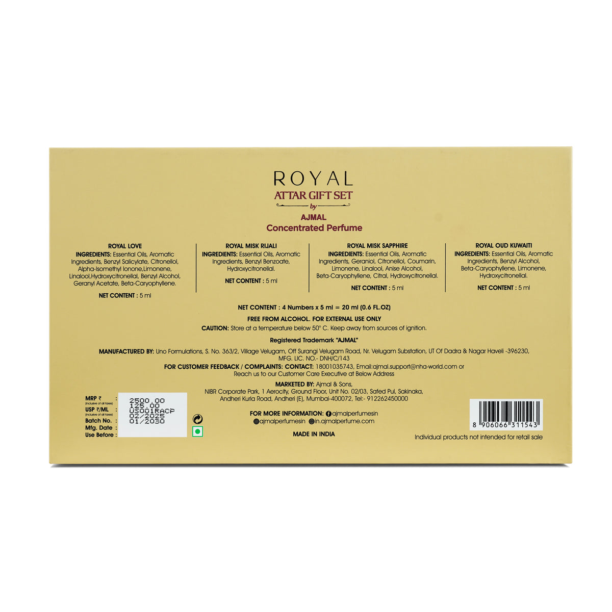 Ajmal Royal Attar Gift Set back label - ingredients and product details for Royal Love, Royal Misk Rijali, Royal Misk Sapphire, Royal Oud Kuwaiti