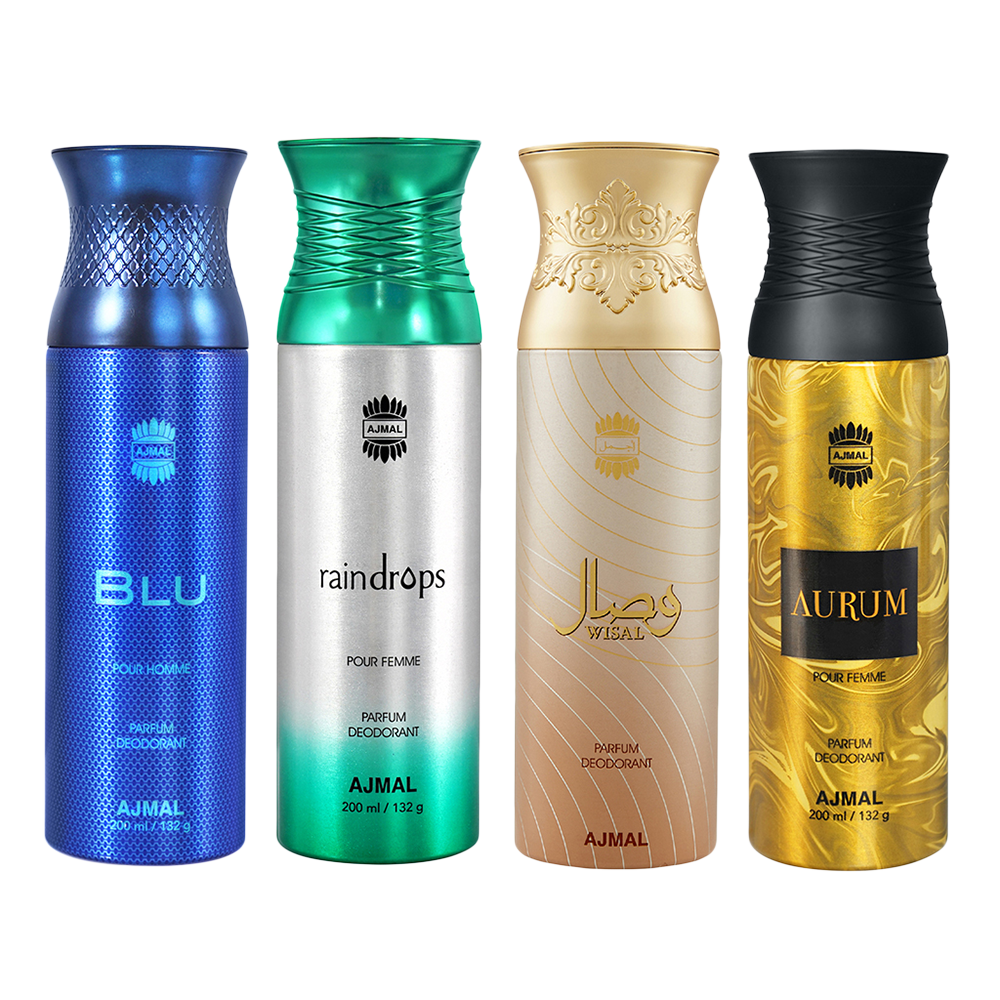 Raindrops & Blu & Aurum & Wisal Deodorant Spray- For Men (200 ml, Pack of 4)