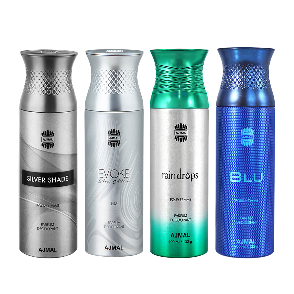 Silver Shade & EvokeSilver Edition Homme & Raindrops & Blu Deodorant Spray- For Men (200 ml, Pack of 4)