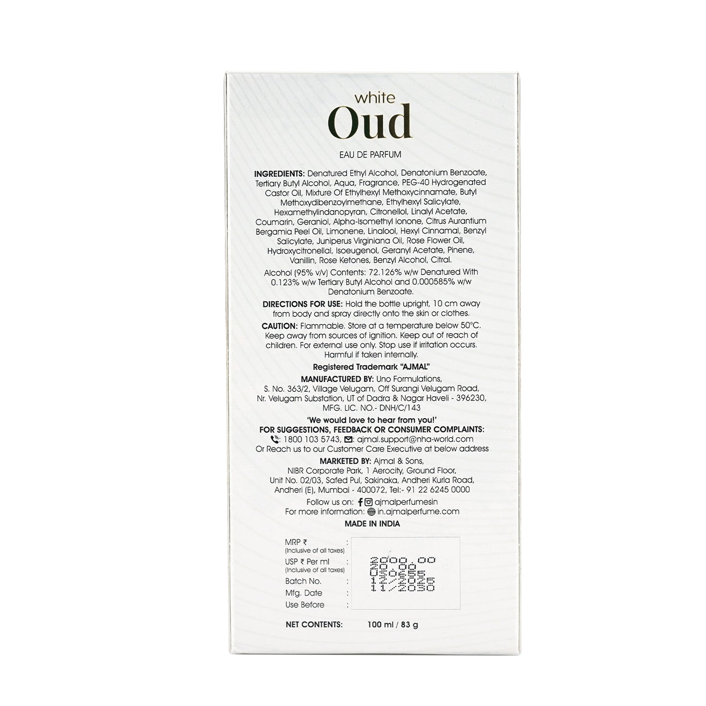 White Oud Perfume 100 ML for Men and Women